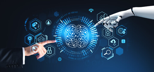 Man and robot hand touch AI brain icon