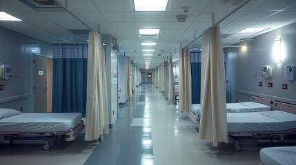 A dimly lit ER exam rooms with beds and curtain partitions. Generative AI.