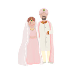 illustration of an Indian couple wearing pink shirts, Hindi style At their wedding, it was a watercolor, transparent background. Suitable for making wedding cards.