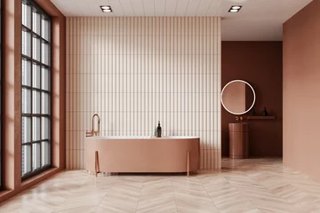 Tapeten Modern hotel bathroom interior with bathtub and sink, panoramic window © ImageFlow