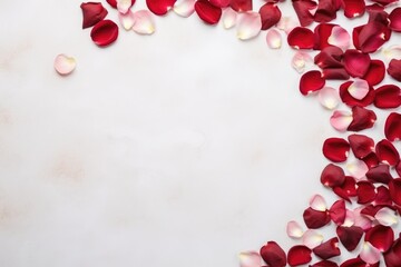 Heart-shaped arrangement of red and pink rose petals on a white background with negative space. Rose Petals Forming a Heart Shape on White