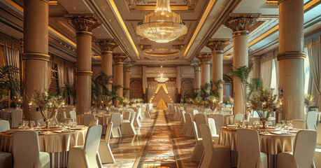 A gala dinner in a fancy hall. Generative AI.