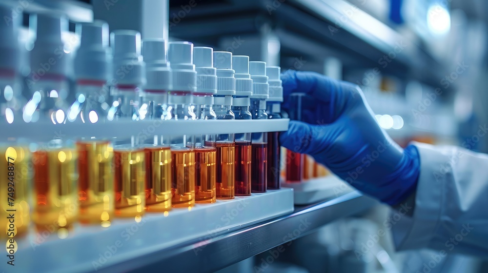 Poster a row of medical test tubes in a modern laboratory, a doctors hand reaches for one of them. generati