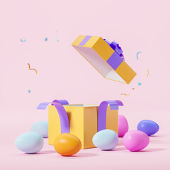 Empty opened copy space gift box and eggs on pink background