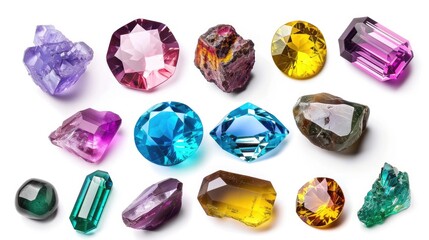 Precious stones materials are rocks, valuable materials. Set collection, isolated on white background. Generative ai