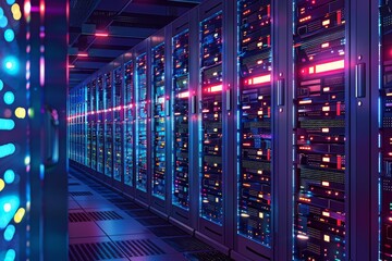 Multiple server racks containing numerous computers stand in a large, cool data center