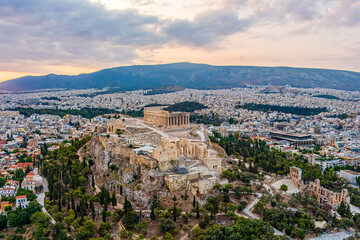 Athens, Greece. Acropolis of Athens in the light of the morning sun. Summer. Aerial view
