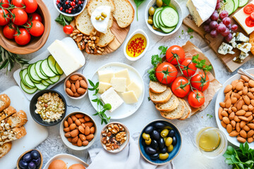 Fototapeta na wymiar A vibrant flat lay of a Mediterranean spread features fresh vegetables, assorted cheeses, and nuts. The arrangement celebrates healthy eating and culinary diversity.