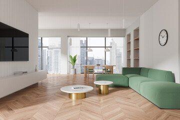 Stylish home living room interior with relax and eating place, panoramic window