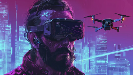 Edgerunner’s Vanguard: The Bearded Mercenary and His Drone - obrazy, fototapety, plakaty
