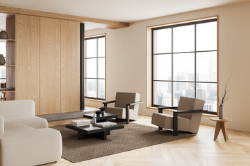 Stylish home living room interior with couch and armchair, panoramic window