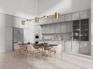 Luxury home kitchen interior with cooking and dining table with fridge