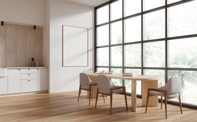 Home kitchen interior with dinner table and panoramic window. Mockup frame