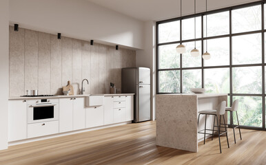 White and beige kitchen corner with island