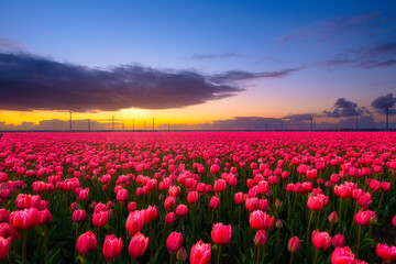 Netherlands. A field of tulips during sunset. Rows on the field. Landscape with flowers during sunset. Photo for wallpaper and background. - 749250407