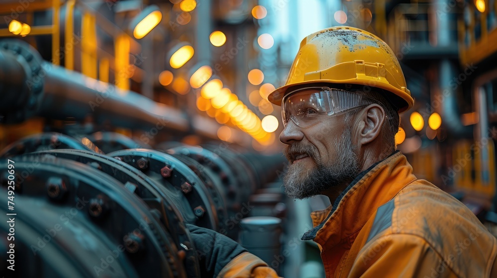 Poster construction pipe fitter working on a pipe in a refinery. generative ai.
