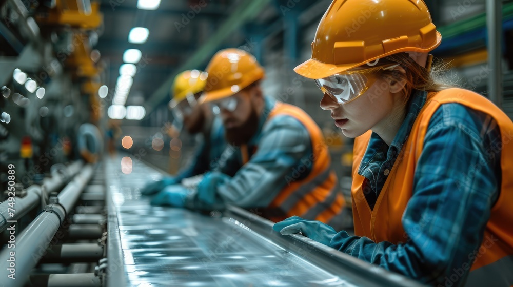 Poster two workers are moving sheet metal on the production line. generative ai.