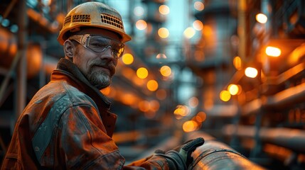 Fototapeta premium Construction pipe fitter working on a pipe in a refinery. Generative AI.
