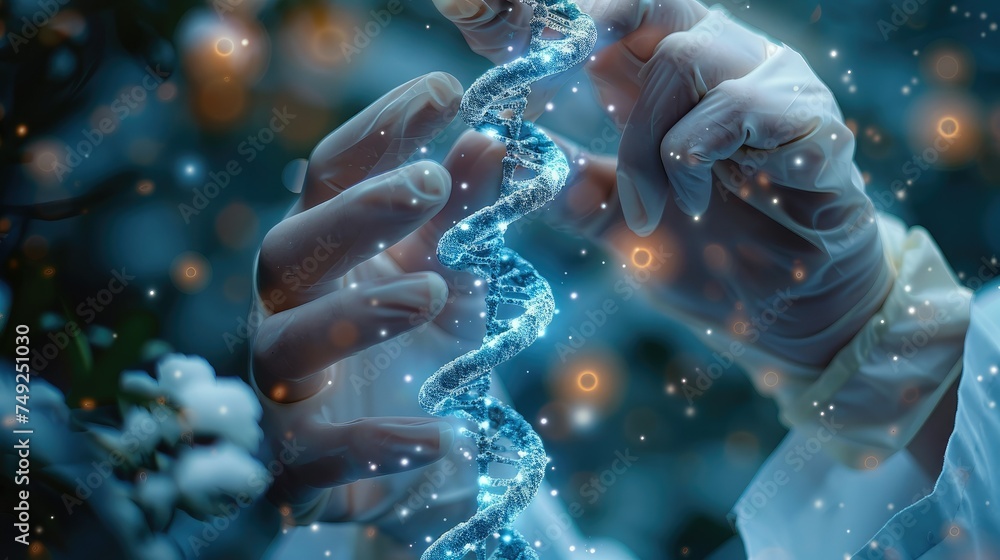 Poster close-up hand of a doctor touching dna structure. generative ai.