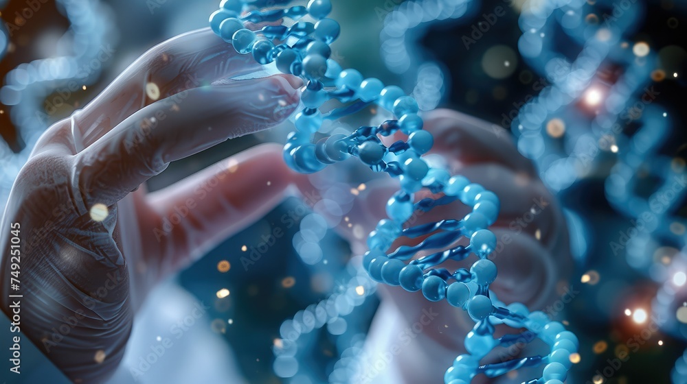 Poster close-up hand of a doctor touching dna structure. generative ai.