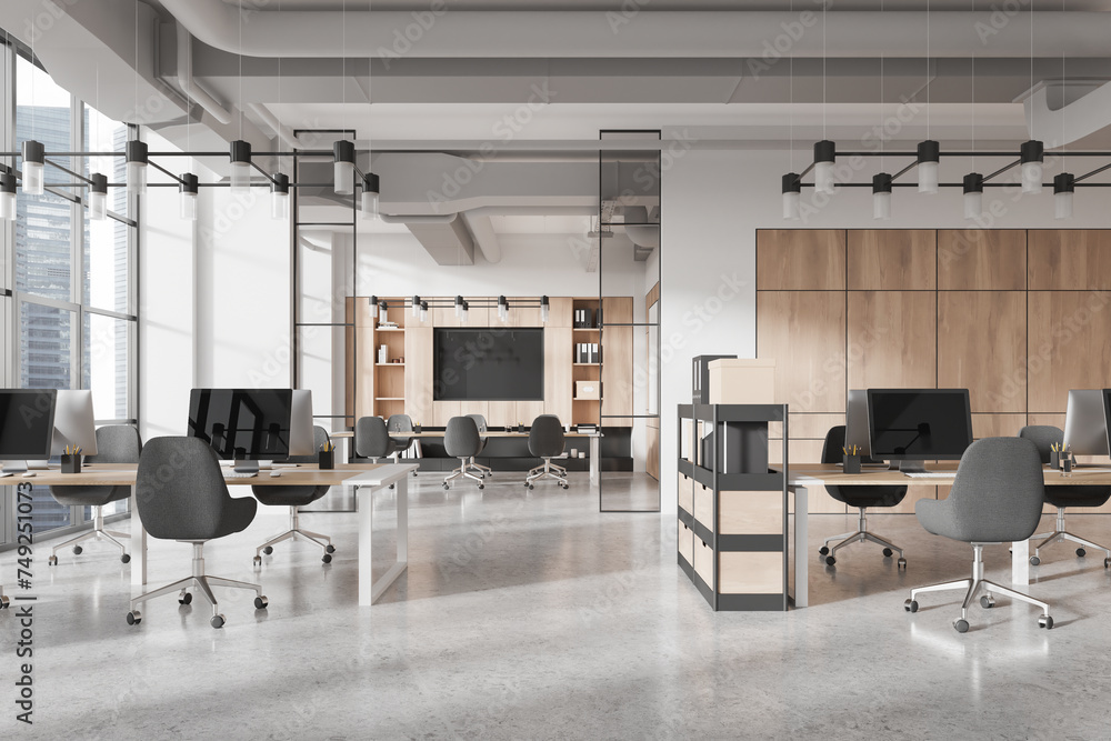 Sticker white and wooden open space office interior