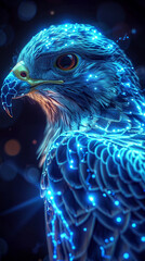 Obraz premium Cybernetic falcon its cyan feathers illuminated by neon patrols the digital frontier