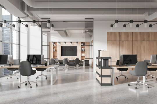White and wooden open space office interior