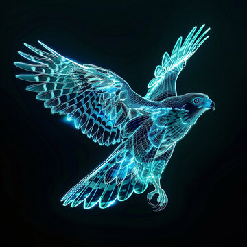 recommend clip art: Cyan neon outlines a falcon with cybernetic enhancements soaring high