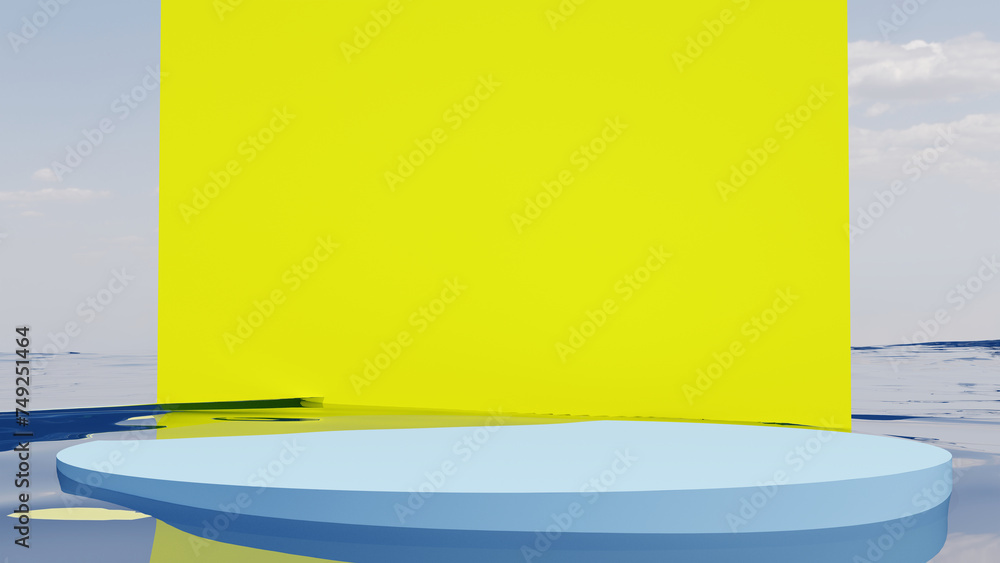 Poster 3d blue podium with bright yellow square backdrop in calm pool of water and sky. 3d rendered platfor