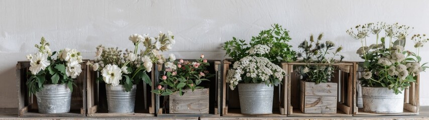 Fill a vintage wooden crate with a variety of potted blooms or small floral arrangements in mismatched containers for a rustic, garden-inspired look.