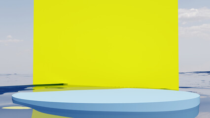 3d Blue Podium with Bright Yellow Square Backdrop in calm pool of water and sky. 3D Rendered platform in sea waves.