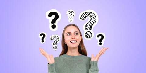 Young woman with surprised look, hands up with question marks
