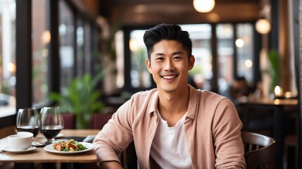 Attractive millenial asian model guy on cozy restaurant looking happy at camera from Generative AI