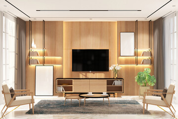 Modern contemporary  living room with frame mock up on the wall. Design 3d rendering of white and light woods. Design print for illustration, presentation, mock up, interior, zoom, background. Set 5