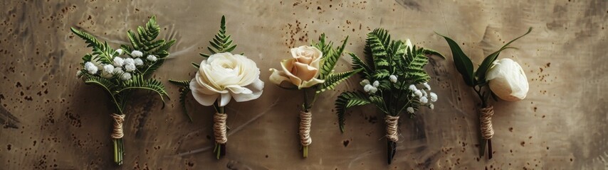 Boutonnieres: Picture a boutonniere that matches the bridal bouquet, consisting of a single, delicate ranunculus bloom, accompanied by a small fern leaf and wrapped in a thin twine. - obrazy, fototapety, plakaty