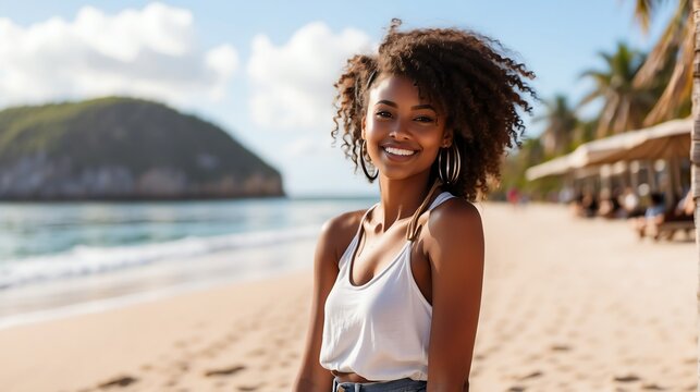 Attractive millenial black african model girl on beach summer vacation looking happy at camera from Generative AI