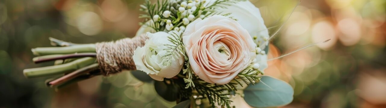 Boutonnieres: Picture a boutonniere that matches the bridal bouquet, consisting of a single, delicate ranunculus bloom, accompanied by a small fern leaf and wrapped in a thin twine.