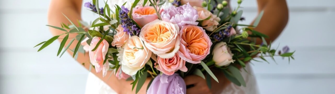 Visualize a bridal bouquet featuring a lush, hand-tied collection of garden roses, ranunculus, and dahlias in soft pastel hues, accented with sprigs of lavender and tied with a long