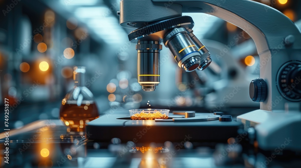 Aufkleber extremely closeup shot of a futuristic microscope in a sterile futuristic lab room analyzing samples