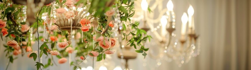 Chandelier Turned Floral Display: Imagine a grand, ornate chandelier, no longer hanging from the ceiling but instead repurposed as a hanging garden - obrazy, fototapety, plakaty
