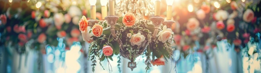 Chandelier Turned Floral Display: Imagine a grand, ornate chandelier, no longer hanging from the ceiling but instead repurposed as a hanging garden - obrazy, fototapety, plakaty