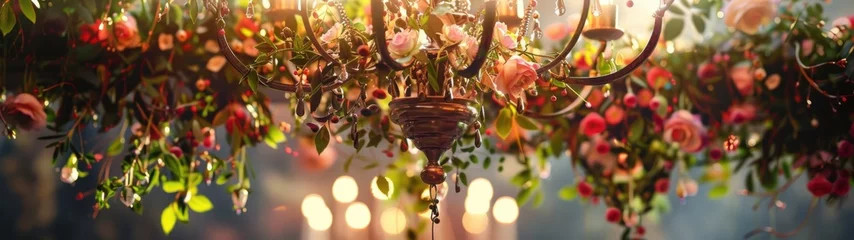 Deurstickers Chandelier Turned Floral Display: Imagine a grand, ornate chandelier © peera