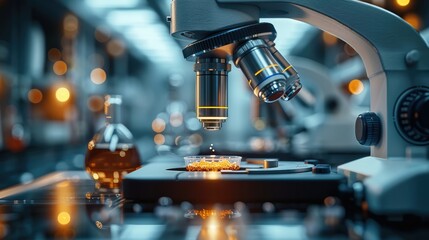 Extremely closeup shot of a futuristic microscope in a sterile futuristic lab room analyzing samples on a petri dish. Generative AI.