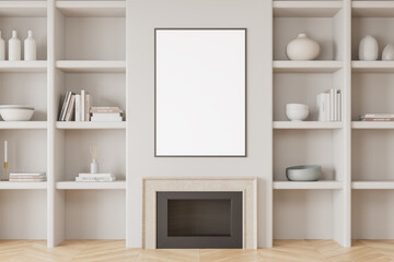 White living room interior with fireplace and decoration. Mockup frame