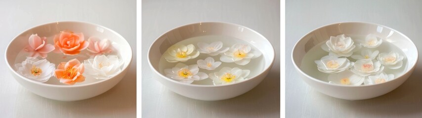Fototapeta na wymiar Floating Blooms: Fill a large, shallow bowl with water and float blooms like gardenias or camellias on top.