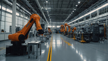 Advanced manufacturing facility with robotic arms and automation. - obrazy, fototapety, plakaty