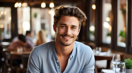 Fototapeta premium Attractive millenial french model guy on cozy restaurant looking happy at camera from Generative AI