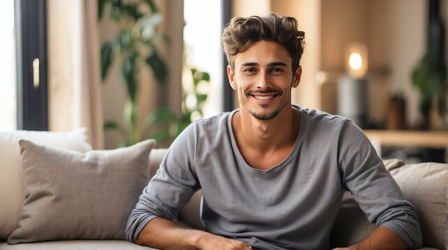 Attractive millenial french model guy on cozy home living room looking happy at camera from Generative AI