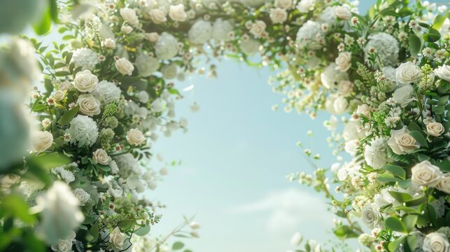 Floral Archways: Envision an outdoor wedding ceremony framed by a breathtaking floral archway, densely packed with white and blush flowers, including hydrangeas, roses, and trailing ivy.