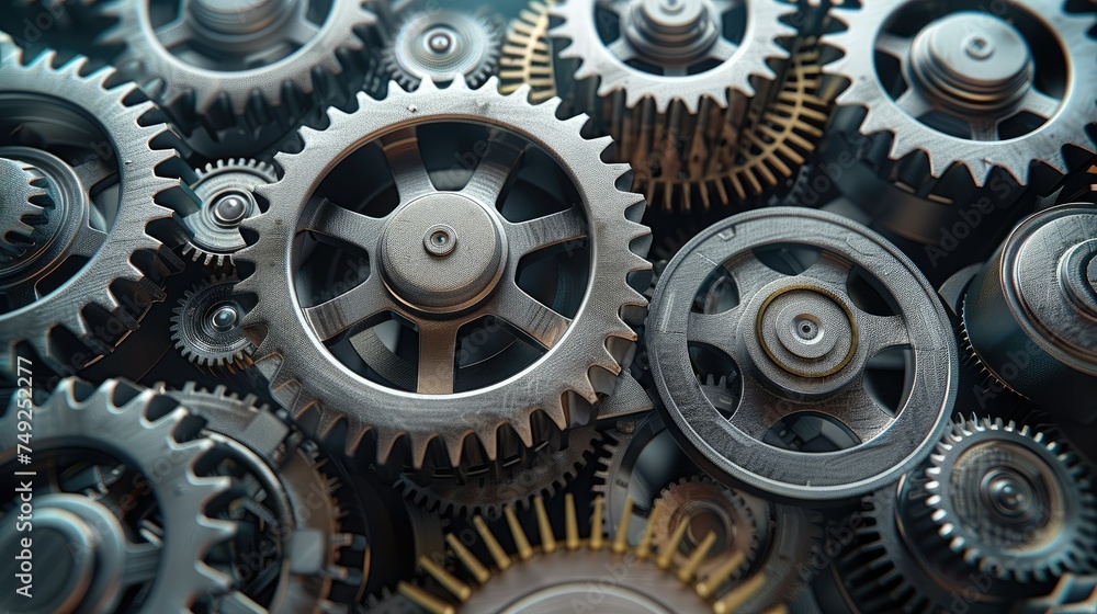 Poster Automotive gears connected to one another via their grooves. Generative AI.